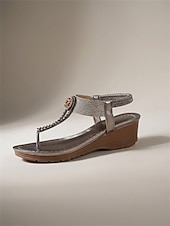 preiswerte Frauen-Zehentrenner-Sandalen aus zinnfarbenem Metallic-Metallic mit verziertem Medaillon – im Boho-Resort-Stil, bequeme Riemchensandalen mit Plateau für tropische Urlaube und Sommerreisen