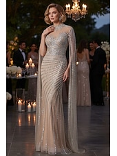  Sirena Tromba Strascico a Terra Perline ricamate Abito Formale Abito da madre della sposa Abito da ballo con mantello Scintillante Stile Celebrità Brillanti Senza Maniche Girocollo Festa serale