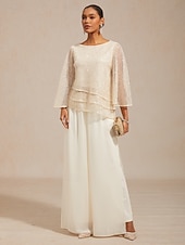 cheap Lace Tops-Women's Blouse Lace Tops Sequins Illusion Solid Color Elegant 3/4 Length Sleeve Bell Sleeve Crew Neck Daily Wedding Guest Vacation Wear Beige Summer Spring Fall