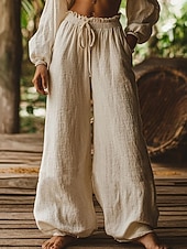 abordables Fondos Falsos Esenciales-Mujer Pantalones de lino y algodón Perneras anchas Pantalones Pantalones anchos Vacaciones Moda Básico Longitud total Cintura Media Plano Bolsillo Cintura elástica Comodidad Secado rápido Suave Rígido