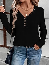 economico T-shirt semplice-Per donna Blusa Bottoni Tinta unica Elegante Casual Manica Lunga Scollo a V Top Regolari Quotidiano Nero Bianco Fucsia Cachi Primavera Autunno Inverno