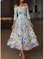  A-Line Tea Length Cocktail Dresses Elegant Vintage Floral Half Sleeve Off Shoulder Garden Party Wedding Pocket Satin Lace Cowl Back with Embroidery Pocket