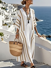 preiswerte Streifen- und geometrische Kleider-Damen Maxikleid Leinenähnlich Atmungsaktiv Leicht Strandkleid A-Linie Kleid Urlaub Lässig Boho Strand Ausgehen Lockerer Sitz Grafik Geometrisch Langarm V-Ausschnitt Blau Schwarz Weiß Sommer Frühling