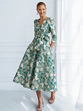 preiswerte Cocktailkleider-A-Linie Knöchellänge Cocktailkleider Partykleider Elegant Vintage Kurzarm V Ausschnitt Hochzeit Formell Jacquard mit Schleife(n) Tasche