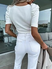 levne jednoduché tričko-Dámské Pletené topy s ripcí Elegantní stylové Sexy Krátký rukáv Nahoře nabírané Do V Běžné topy Denní Jdeme ven Černá Bílá Khaki Léto Jaro