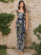 cheap Sheath Evening Dresses-Sheath Column Floor Length Beaded Eembroidered Formal Dresses Mother of the Bride Dress Evening Gown Formal Dress Elegant Celebrity Style Floral Short Sleeve Square Neck Garden Party Wedding Belt