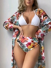 tanie 3-częściowy zestaw bikini-Damskie Stroje kąpielowe Bikini Trzyczęściowy Majtki Kostium kąpielowy Szczupła Odkryte plecy Urlop Stroje plażowe Kwiaty Kantarka Długi rękaw Kostiumy kąpielowe