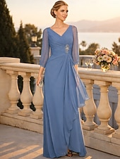  A-Line Floor Length Wedding Guest Dress Formal Dresses Evening Gown Mother of the Bride Dress 3/4 Length Sleeve V Neck Elegant Wedding Guest Engagement Party Chiffon with Beading Ruching