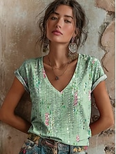 tanie koszulka w kwiaty-Damskie Podkoszulek Nadruk Kwiaty Graficzny Zabytkowe Elegancki Klasyczny Krótki rękaw W serek Zwykłe topy Codzienny jesion Czarny Jasnozielony Czerwony Zielony Lato Wiosna