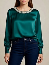 baratos Blusas Elegantes-Mulheres Blusa Com Miçangas Côr Sólida Elegante à moda Manga Longa Gola Redonda Tops regulares Diário Trabalho Preto Branco Verde Damasco Primavera Outono