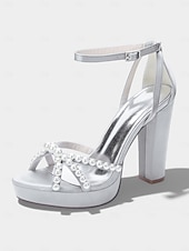 cheap Bride-Women's Ivory Platform Chunky Block Heel Sandals, Pearl-Embellished Ankle Strap Bridal Shoes for Church Weddings