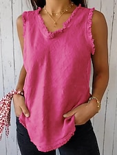 olcso Egyszerű tartály-Női Blúz Csipke Tömör szín Sima Elegáns Stílusos Klasszikus Ujjatlan Háromnegyedes V-alakú Hosszú felsők Napi Medence Fehér Arcpír rózsaszín Nyár Tavasz