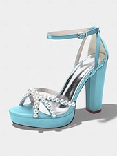 cheap Bride-Women's Ivory Platform Chunky Block Heel Sandals, Pearl-Embellished Ankle Strap Bridal Shoes for Church Weddings