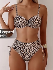 זול סטים של ביקיני-בגדי ריקוד נשים בגדי ים ביקיני 2 חתיכות מותן גבוה בגד ים רזה גב חשוף חופשה בגדי חוף נמר גיאומטרי ללא שרוולים בגדי ים