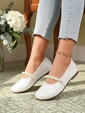economico Ballerine da donna-ballerine mary jane beige da donna con cinturino in finta perla – scarpe comode e larghe con punta tonda, elegante stile vintage per l'uso quotidiano, matrimoni, feste del tè e viaggi