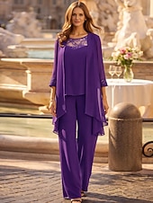 billige Mammas buksedresser-Buksedrakt Gulvlengde Mor til bruden Kjole Langermet Juvel Utringning Elegant Uformell Bryllupsgjeste med Blonde