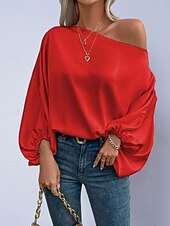voordelige Chique Blouses-Dames Overhemd Satijnen overhemd Blouse Tops met blote schouders Effen Stijlvol Klassiek Modern Lange mouw Schouderafhangend Normale tops Dagelijks Feestdagen Uitgaan blauw Zwart Blozend Roze Rood