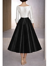 cheap Cocktail Dresses-A-Line Tea Length Pink Dress Cocktail Dresses Party Dresses Wedding Guest Dresses Elegant Color Block Long Sleeve V Neck Wedding Formal Pocket Taffeta Stretch Satin Cowl Back with Embroidered Flower