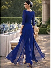 abordables Monos de mamá-Traje de pantalón Hasta el Suelo Vestido de Madrina Manga 3/4 Escote en Pico Escote recto Elegante Vintage Formal Invitado a la boda Gasa con Fruncido Volantes en Cascada