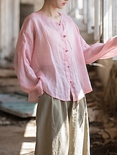 baratos Coleção de Linho Premium-Camisa feminina 100% linho, blusa com botões, lisa, estilo vintage, manga longa, gola redonda, tops regulares para uso diário, férias, sair, nas cores preto, rosa, vermelho e verde, para verão e primavera.