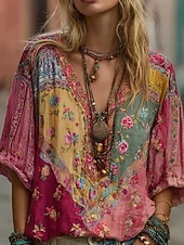 billiga Boho-toppar-Dam Skjorta Linneskjortor i bomull Boho skjorta Blus Lappverk Mönster Blommig Grafisk bohemliv Stylish Etnisk Halvlång ärm V-hals Vanliga toppar Dagligen Helgdag Utekväll Rubinrött Sommar Vår
