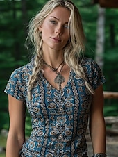 baratos T-shirt Boho-Camiseta Viking Boho Feminina Gráfica Geométrica Tribal Boêmia Vintage Estilosa Manga Curta Gola V Tops Regulares Diários Saindo Fim de Semana Impressão Roxa Verão Primavera Outono