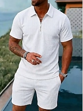 baratos Conjuntos de camisetas básicas masculinas-Homens Conjunto de shorts e camiseta Camisa de golfe Conjunto Polo Manga Curta Lapela Verão Tecido Moda Básico Moderno Jacquard 2 Peças Casual Diário Feriado Azul Preto Branco Top Tee para Homens