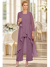 voordelige Broekpakken van mama-3-delig pak Tot de grond Moeder van de bruid jurk Mouwloos Nek boot Elegant Grote maten Bruiloft gast Chiffon Wrap inbegrepen met Effen kleur