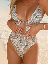 preiswerte Einteilige Badeanzüge-Damen Badeanzug Einteiler Monokini Bademode Bauchkontrolle Hohe Taille Schlank Rückenfrei Urlaub Strandbekleidung Paisley-Muster V Ausschnitt Ärmellos Badeanzüge