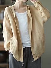 abordables Blouses Unies-Femmes Chemises en coton et lin Boutons Couleur Unie ancien Basique Occasionnel manche longue À capuche Hauts Réguliers Quotidien Bleu Blanche Rouge Abricot Été Printemps Automne