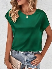 economico Bluse Semplici-Per donna Elegant Top in raso Camicia in raso Top estivi Tinta unica Semplice Vintage Elegante Classico Manica Corta Girocollo Top Regolari Quotidiano Ferie Uscire Nero Rosa Cammello Verde Estate