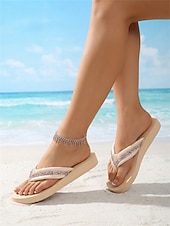 billiga Slide Sandaler-Damflip-flops med glittriga strassdetaljer - eleganta beige sandaler med kristalldetaljer, bekväma platåsandaler för sommarsemester, avkoppling vid poolen &amp;öresor