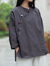 economico Collezione di Lino Premium-Camicia da donna a maniche lunghe con colletto alla coreana in lino biologico