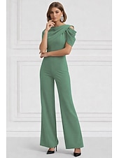 preiswerte Overalls für Mütter-Overalls Bodenlang Brautmutterkleid Kurzarm Rundhalsausschnitt Elegant Einfach Formell Hochzeitsgast Familientreffen Stretchstoff mit Einfarbig