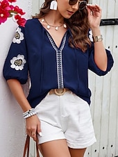 tanie Gładkie bluzki-Damskie Koszula Popover Letnia koszula Codzienna koszula Bluzka Haft Kwiaty Urlop Elegancki Codzienny Rękaw 1/2 W serek Zwykłe topy Codzienny Plaża Święto Niebieski Rumiany róż Granatowy Morelowy