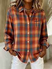 abordables Blusas Florales-Mujer Camisa Camisa con botones Camisa casual Blusa Botones Plaid Vintage Elegante Clásico Manga Larga Cuello Camisero Tops regulares Diario Festivos Noche Naranja Verano Primavera