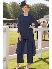 voordelige Broekpakken van mama-3-delig pak Tot de grond Moeder van de bruid jurk Mouwloos Nek boot Elegant Grote maten Bruiloft gast Chiffon Wrap inbegrepen met Effen kleur