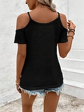 cheap Plain tee-Women's Cold Shoulder Tops Waffle Knit Tops Lace Patchwork Embroidered Solid Color Elegant Stylish Casual Short Sleeve Cold Shoulder Regular Tops Daily Going out Black Apricot Summer Spring