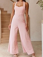 billige Jumpsuits-Dame Normal Kjeledresser Elegant Helfarge Ermeløs Bred Bukseben Grimehals Åpen rygg Daglig Feriereise Løstsittende Hvit Lysegrønn Rosa Sommer