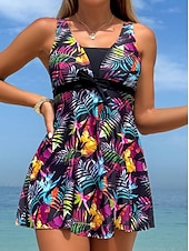 رخيصةأون السباحة-نسائي ملابس السباحة تانكيني 2 قطعة عالي الخصر ملابس السباحة بدون ظهر العطلة ملابس الشاطئ ورد الرسم V رقبة بدون كم بدلة سباحة