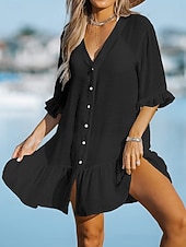 お買い得  ホワイトカジュアルドレス-女性用 ミニドレス サンドレス 白いドレス ファッション 近代の アウトドア ビーチ バケーション ルーズフィット 平織り 長袖 Ｖネック ブラック ホワイト カーキ色 夏 春 秋