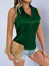 billige Enkle bluser-Dame Skjorte Sateng skjorte Bluse Ermeløs skjorte Knapper عادي Stilfull Klassisk Moderne Ermeløs Skjortekrage Vanlige topper Daglig Ferie Ut på byen Svart Hvit Lilla Grønn Sommer Vår