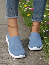 Недорогие Женские кроссовки-Женские дышащие вязаные прогулочные туфли без шнурков – легкие эластичные сетчатые мюли для путешествий, повседневной носки, покупок и прогулок на свежем воздухе.