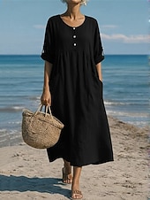 cheap Dresses-Women's Maxi Dress Linen-feel Dresses Shift Dress Summer Dress Casual Daily Loose Fit Plain Long Sleeve V Neck Blue Black Dark Red Summer Spring Fall