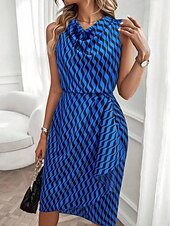 Χαμηλού Κόστους Ριγέ και γεωμετρικό φόρεμα-Γυναικεία Φόρεμα μέχρι το γόνατο Φόρεμα σε ευθεία γραμμή Φόρεμα με δέσιμο στα πλάγια Κομψό Μοντέρνα Καθημερινά ΕΞΩΤΕΡΙΚΟΥ ΧΩΡΟΥ Διακοπές Κανονικό Γεωμετρικό Αμάνικο Με σούρα στο λαιμό