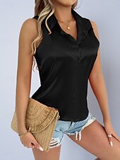 billige Enkle bluser-Dame Skjorte Sateng skjorte Bluse Ermeløs skjorte Knapper عادي Stilfull Klassisk Moderne Ermeløs Skjortekrage Vanlige topper Daglig Ferie Ut på byen Svart Hvit Lilla Grønn Sommer Vår