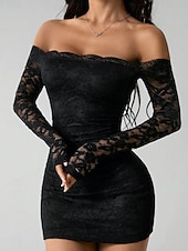 economico miniabito nero-Per donna Abito Lungo Maxi Abito Mini Abito Abito nero Abito in Pizzo Vestito Casual Moda Romantico Moderno Quotidiano Vacanza Feste Vestibilità regolare Semplice Manica Lunga Senza Spalle Nero