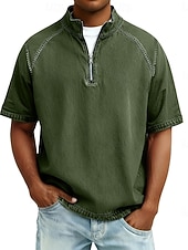  Herren Hemd aus 100 % Baumwolle in Säurewaschung T-Shirt Kurzarm Stehkragen Herbst Winter Frühling Herbst Einfach Vintage Streetwear Lässig Reißverschluss Stückgefärbt Basic Lässig Heim Straße