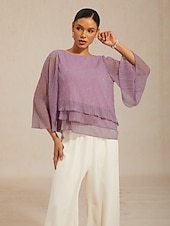  Damen Bluse Chiffon Tops Plissiert Geschichtet Metallisch Elegant Dreiviertelarm Glockenärmel Rundhalsausschnitt Täglich Hochzeitsgast Violett Sommer Frühling Herbst