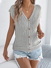 baratos Blusas Simples-Mulheres Tops de verão Blusa Patchwork Botões Tecido à moda Clássico Moderno Manga Curta Decote V Tops regulares Diário Feriado Para Noite Preto Branco Marron Cáqui Verão Primavera
